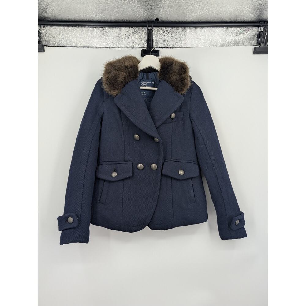 American Eagle Outfitters Navy Jacket Faux Fur Collar Sm Wool Military Admiral